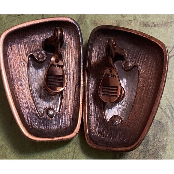 Runway Vintage Monet Copper & Silver Clip On Earrings Signed Statement Jewelry - Picture 3 of 7
